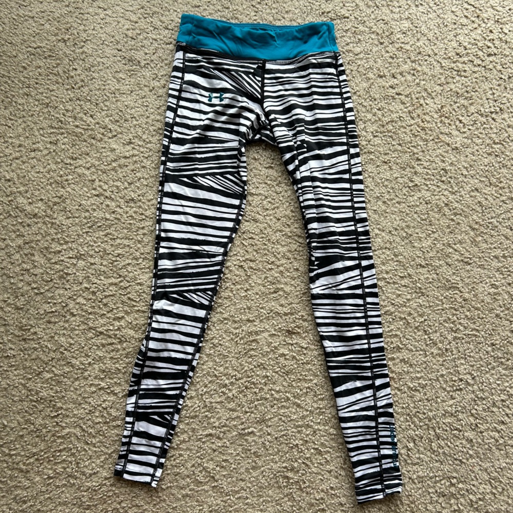 Underarmour Striped Black and White Leggings with Teal Waistband